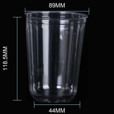 16 oz clear PET cold cup dimension image with 89 mm rim and 89*44*118.5mm