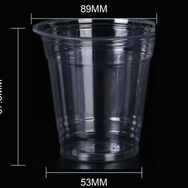 10 oz clear PET cold cup dimension image with 89 mm rim and 89*53*87.5mm