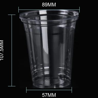 12 oz clear PET cold cup dimension image with 89 mm rim and 89*57*107.5mm