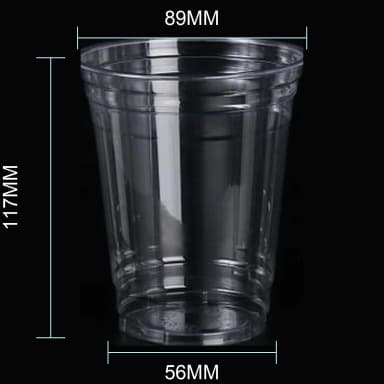 14 oz clear PET cold cup dimension image with 89 mm rim and 89*56*117mm