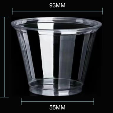 9 oz clear PET cold cup dimension image with 93 mm rim and 93*55*70mm