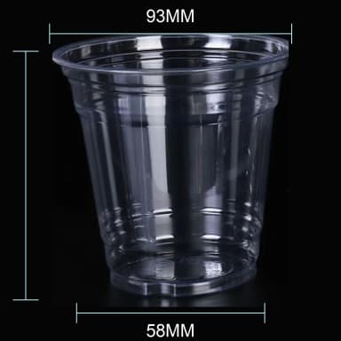 10 oz clear PET cold cup dimension image with 93 mm rim and 93*58*90.5mm