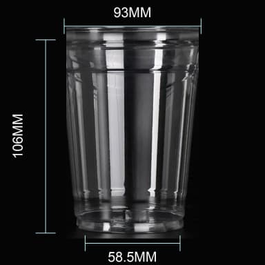 12 oz clear PET cold cup dimension image with 93 mm rim and 93*58.5*106mm