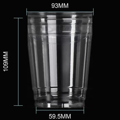 14 oz clear PET cold cup dimension image with 93 mm rim and 93*59.5*109mm