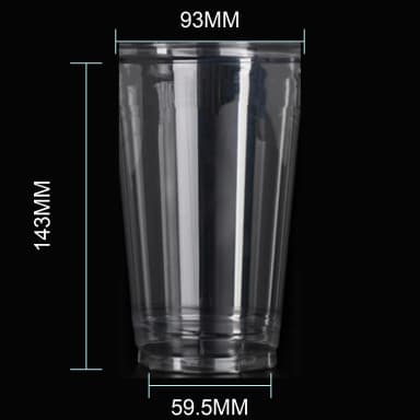 20 oz clear PET cold cup dimension image with 93 mm rim and 93*59.5*143mm