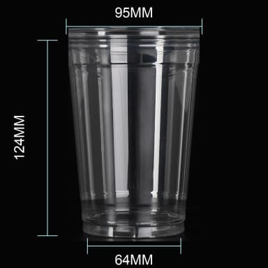 16 oz clear PET cold cup dimension image with 95 mm rim and 95*64*124mm