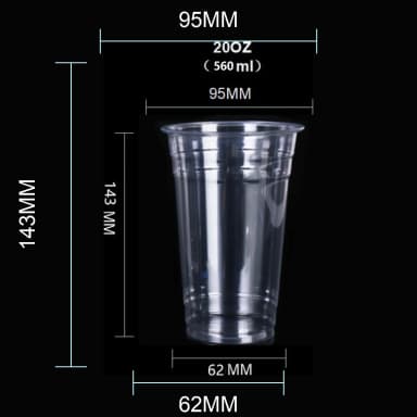 20 oz clear PET cold cup dimension image with 95 mm rim and 95*62*143mm
