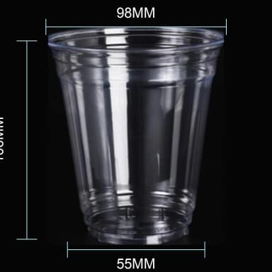 12 oz clear PET cold cup dimension image with 98 mm rim and 98*55*106mm