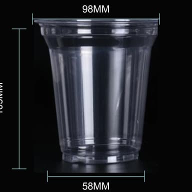 14 oz clear PET cold cup dimension image with 98 mm rim and 98*58*105mm
