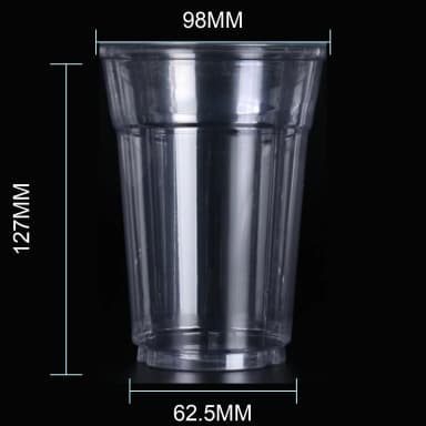 16 oz clear PET cold cup dimension image with 98 mm rim and 98*62.5*127mm