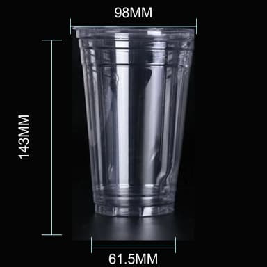 20 oz clear PET cold cup dimension image with 98 mm rim and 98*61.5*143mm