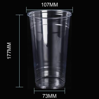 32 oz clear PET cold cup dimension image with 107 mm rim and 107*73*177mm