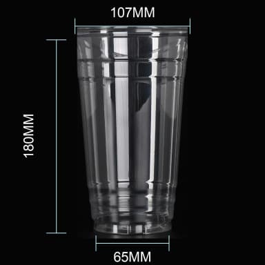 32 oz clear PET cold cup dimension image with 107 mm rim and 107*65*180mm