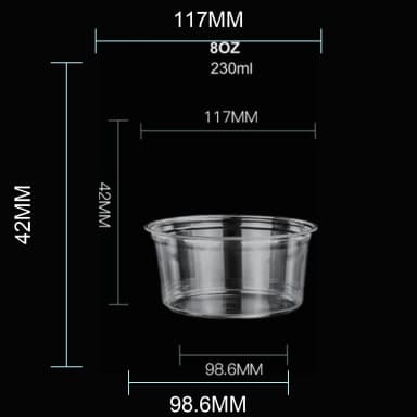 8 oz clear PET cold cup dimension image with 117 mm rim and 117*98.6*42mm