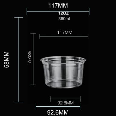 12 oz clear PET cold cup dimension image with 117 mm rim and 117*92.6*58mm