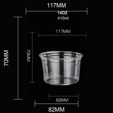 14 oz clear PET cold cup dimension image with 117 mm rim and 117*82*70mm