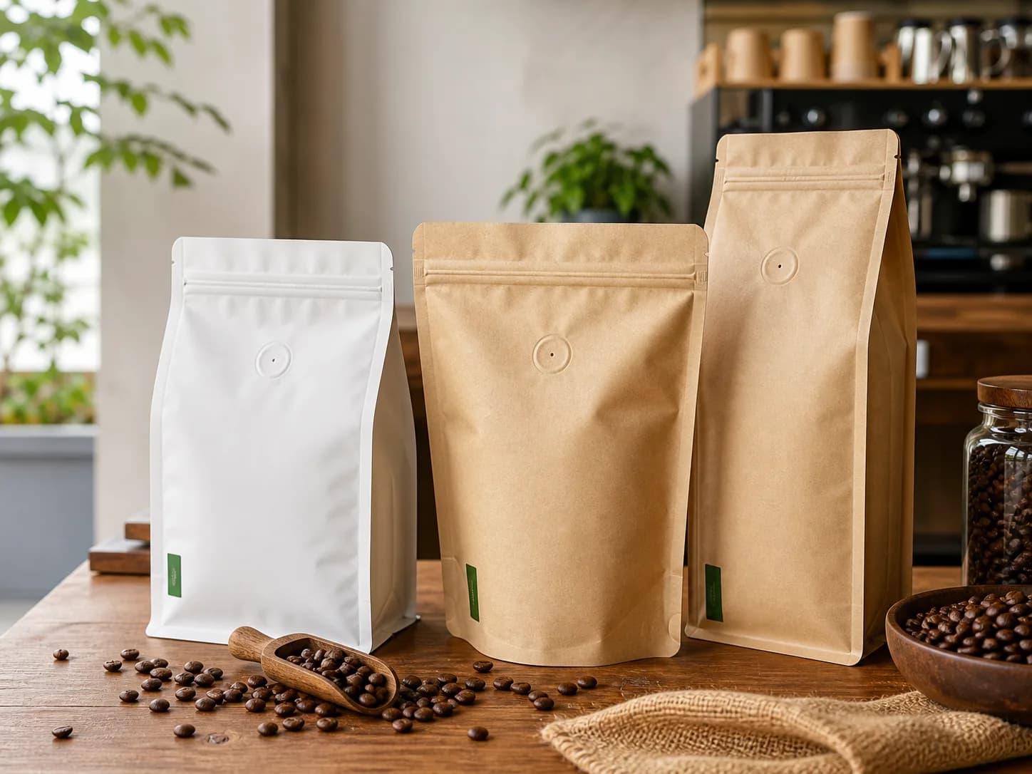 Unbranded kraft and white coffee packaging bags with one-way degassing valves on a cafe counter