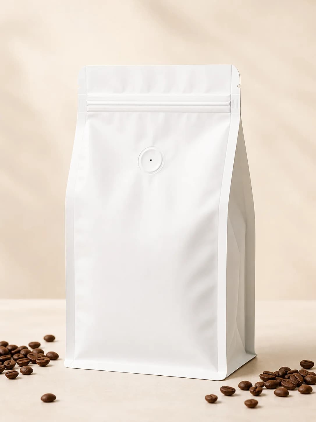 White unbranded flat bottom coffee bag with degassing valve