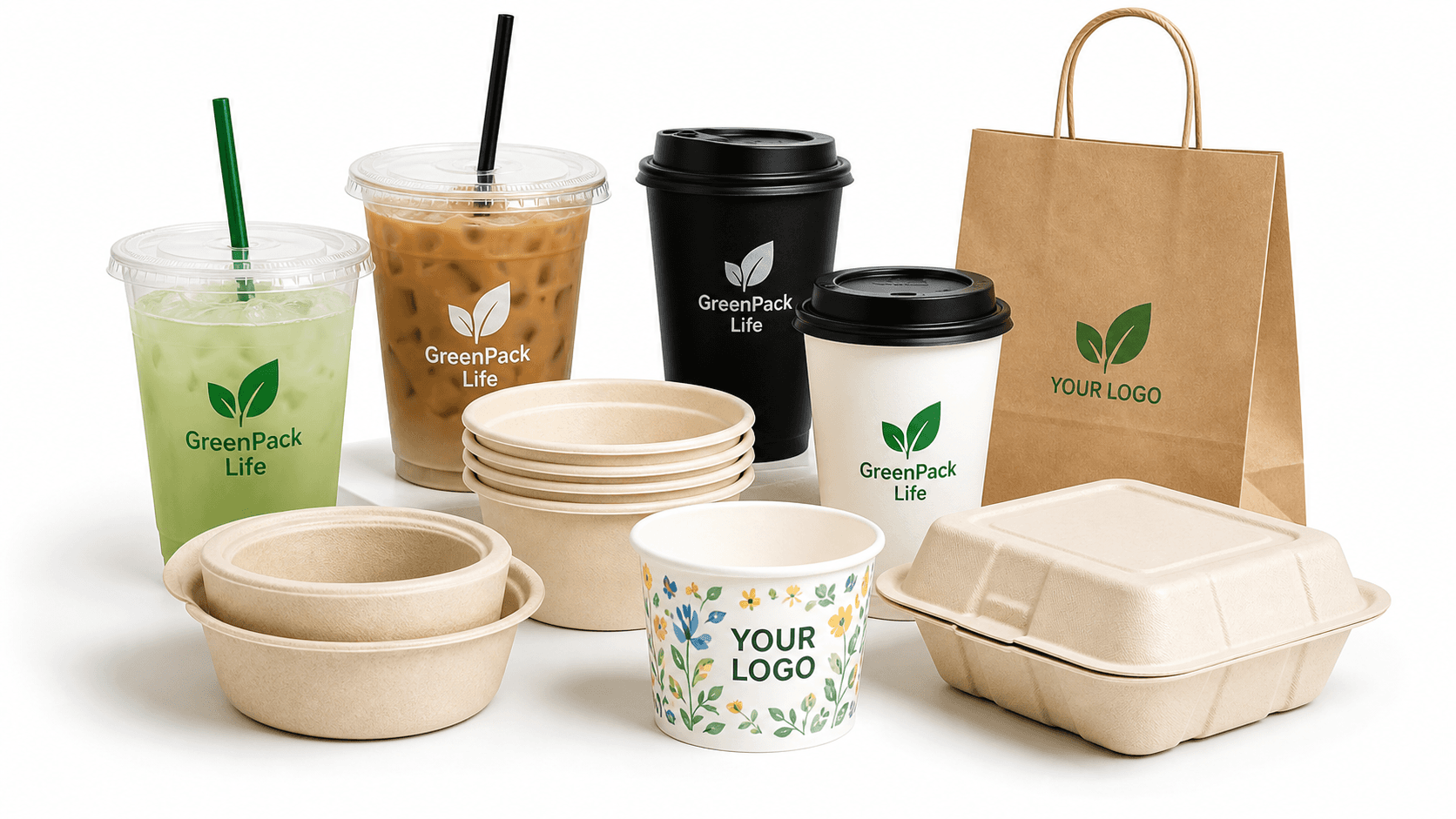 GreenPack Life cups, bowls, takeout containers, and handle paper bag assortment