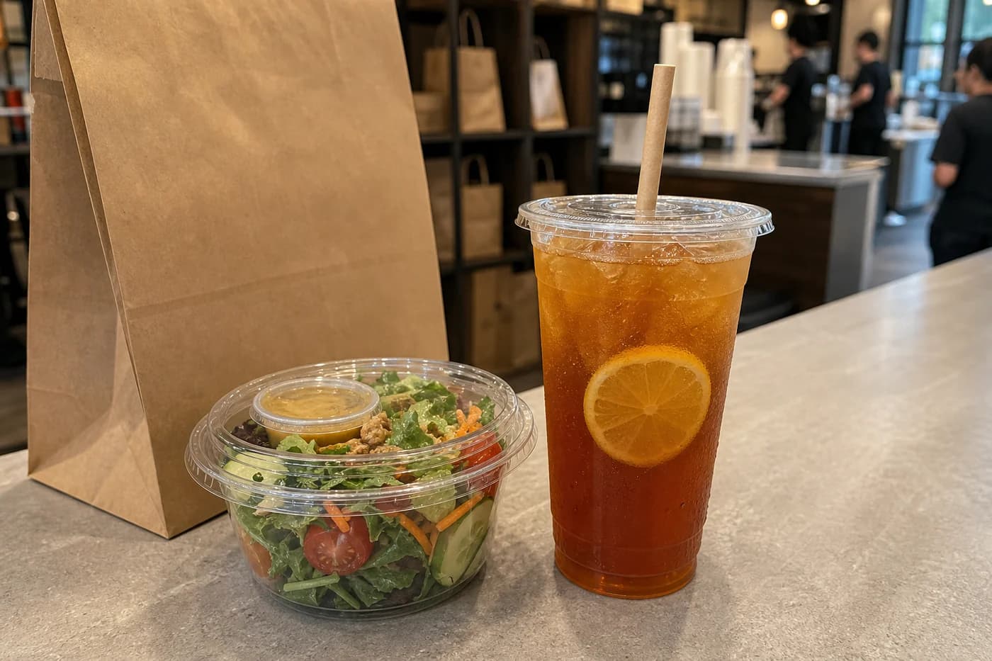 Takeout combo order with cold drink and food packaging for delivery planning