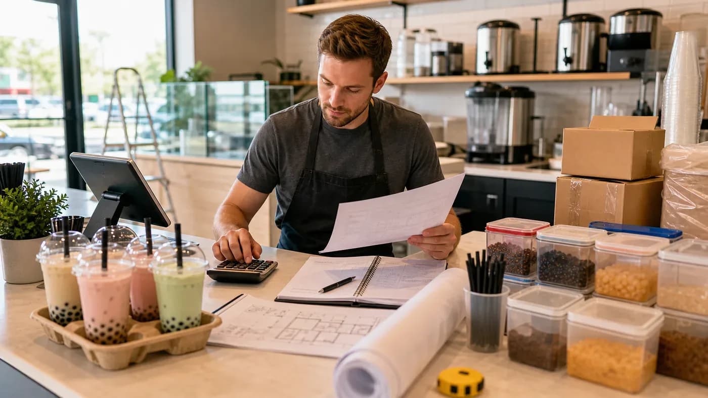 Bubble tea shop owner reviewing startup costs with calculator, boba cups, ingredients, and packaging supplies on the counter