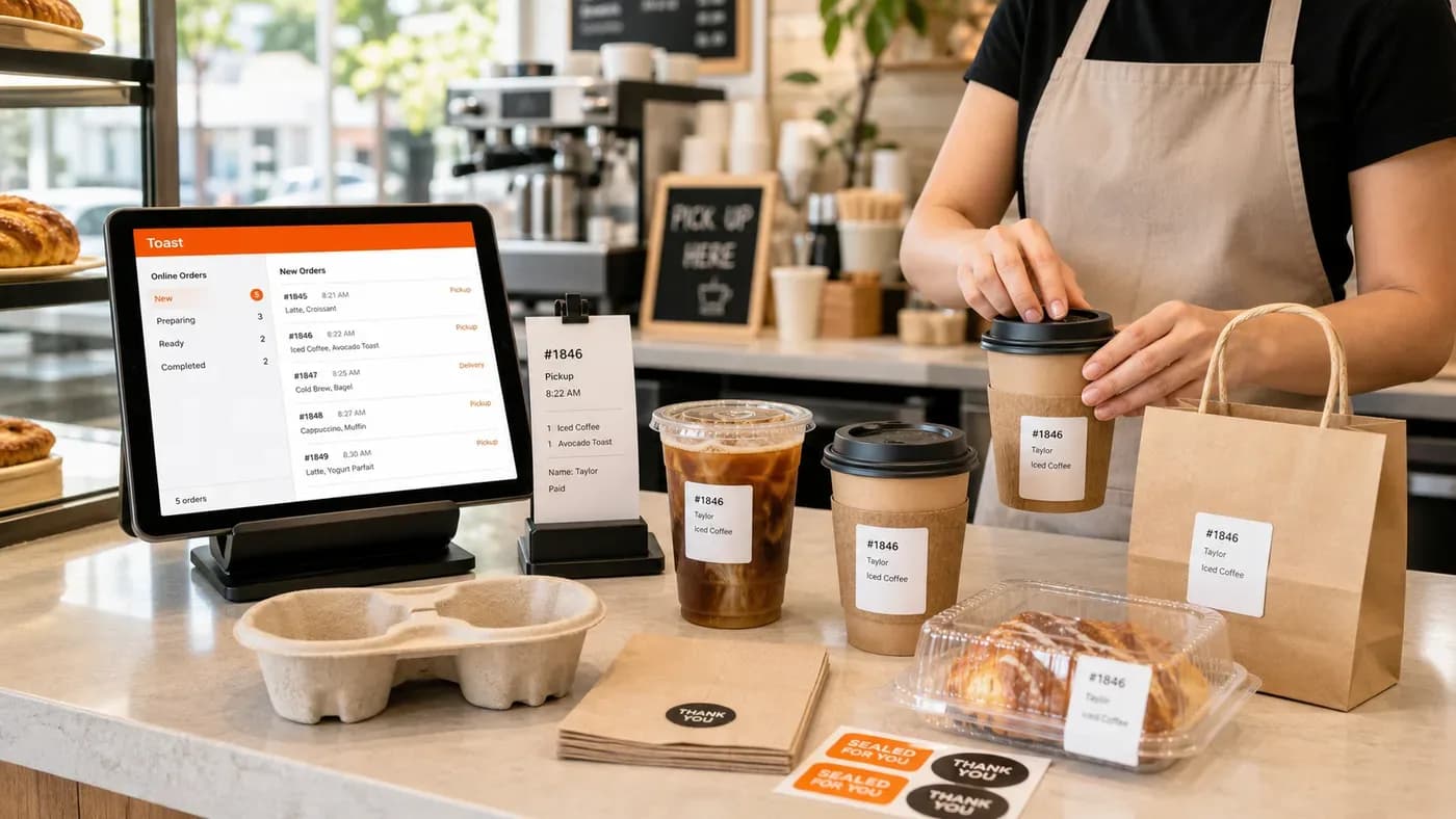 Toast Online Ordering style cafe counter with POS screen, coffee cups, labels, and pickup packaging