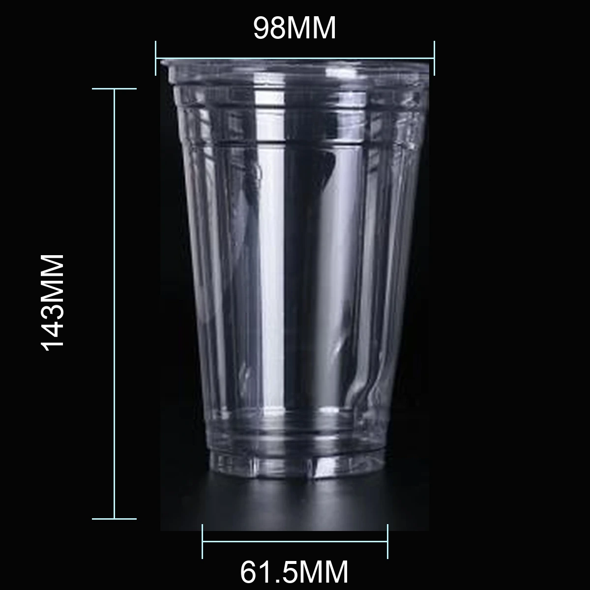 20 oz clear PET cold cup dimension image with 98 mm rim and 143 mm height